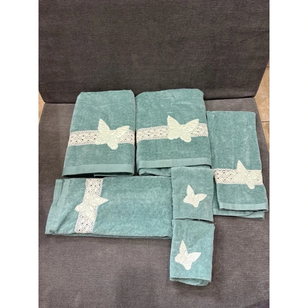 Vintage Butterfly Set 2 Wash Cloth 2 Hand 2 Bath‎ Lot Teal Blue Good Condition